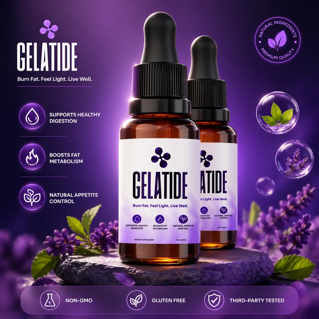 Gelatide dropper close-up plant-based liquid formula for stubborn belly fat support